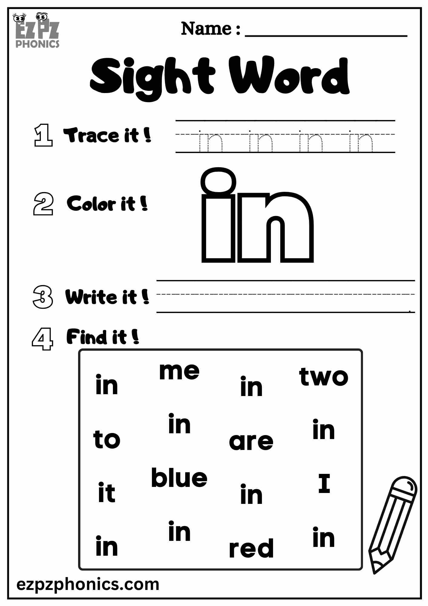 The "In" Sight Word Worksheet for Pre-Kindergarten Students Dolch Sight Words Free PDF Download